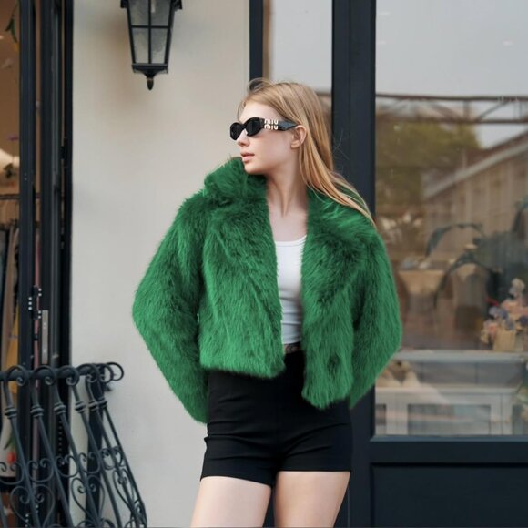 Women's Fur Coats Plus Size Cropped Faux Fuzzy Jacket Fluffy Fall Coat Green - Picture 2 of 5